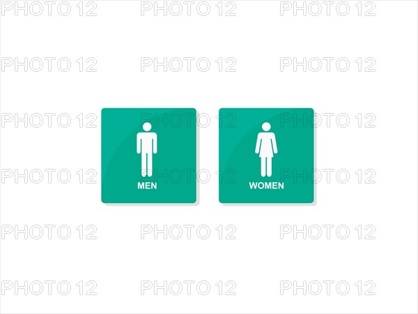 Gender icons representing men and women on teal backgrounds for restroom signs