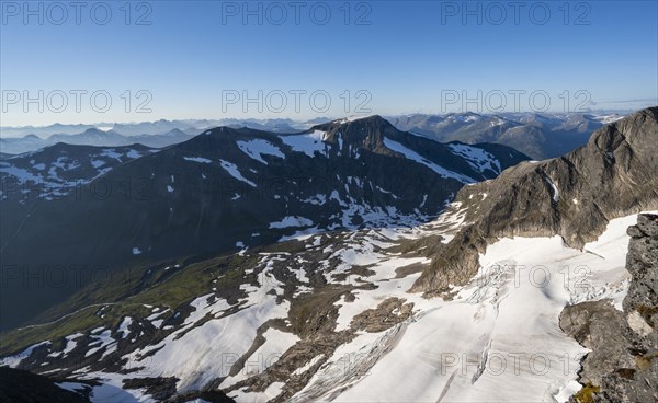 Mountain panorama, glacier remnants of Skalabreen, view from the summit of Skala, Loen, Norway, Europe