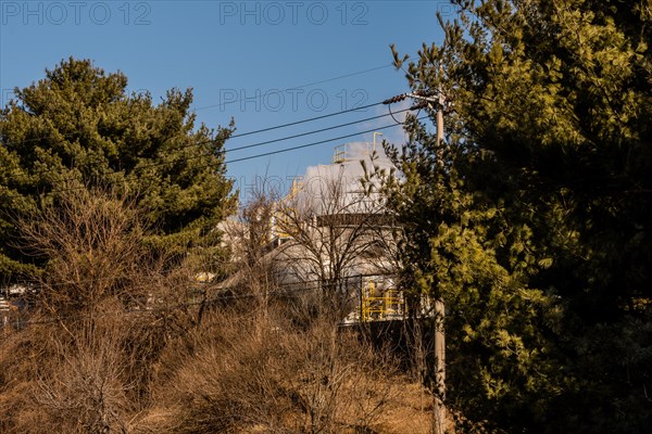 Steam escaping from large rural industrial brewery vat with blue sky in background