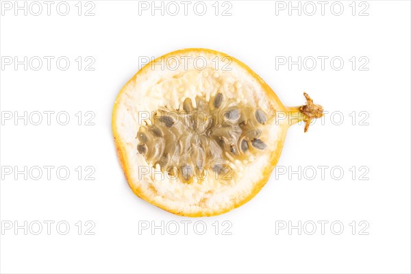 Granadilla isolated on white background. Top view, flat lay. Tropical, healthy food, summer, exotic, minimalism