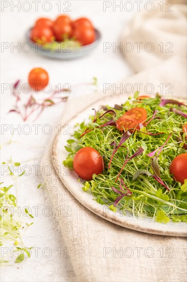 Vegetarian vegetables salad of tomatoes, celery, onion microgreen sprouts on gray concrete background and linen textile. Side view, copy space, selective focus