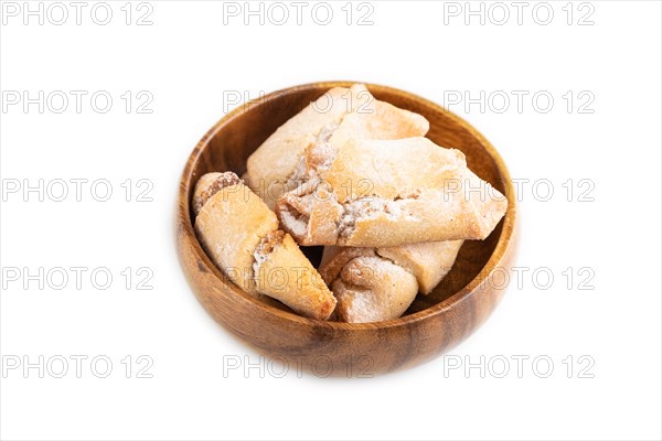 Homemade sweet cookie with apple jam isolated on white background. side view, close up