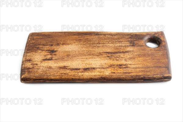 Empty rectangular wooden cutting board isolated on white background. Side view, close up