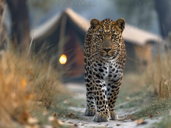 Leopard (Panthera pardus) in natural environment with tent camp for tourists in the background, AI generated