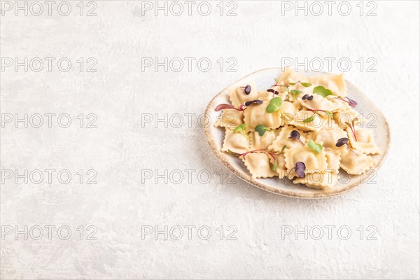 Dumplings with pepper, salt, herbs, microgreen on gray concrete background. Side view, copy space