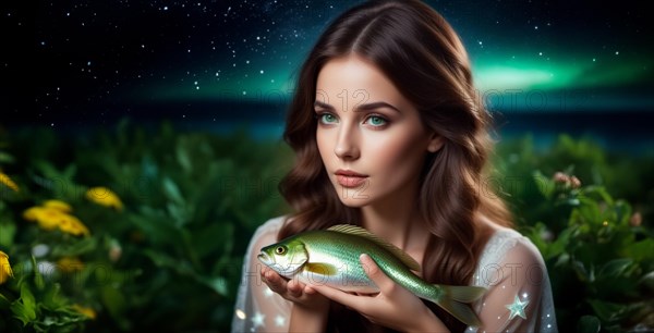 Young woman Pisces according to the zodiac sign with brown hair and blue eyes with a fish in her hands against the background of the starry sky. interpretation of the zodiac sign in human form.AI generated