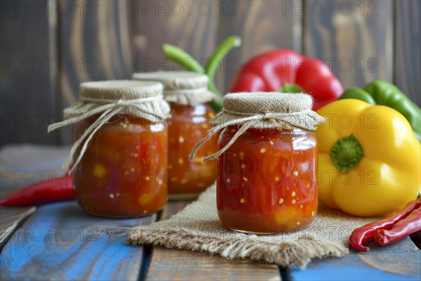 Preserving jars with red pepper jam on a burlap base and rustic wooden background, AI generated, AI generated
