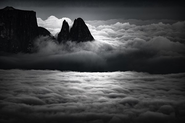 Sea of fog with Dolomite peaks in the background, Corvara, Dolomites, Italy, Europe
