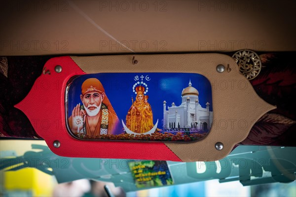 Sai Baba, Mary and mosque, depicted in a rickshaw, Pondicherry or Puducherry, Tamil Nadu, India, Asia