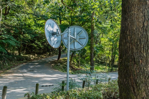 Back side of traffic mirrors at rural three way intersection in Gimje-si, South Korea, Asia