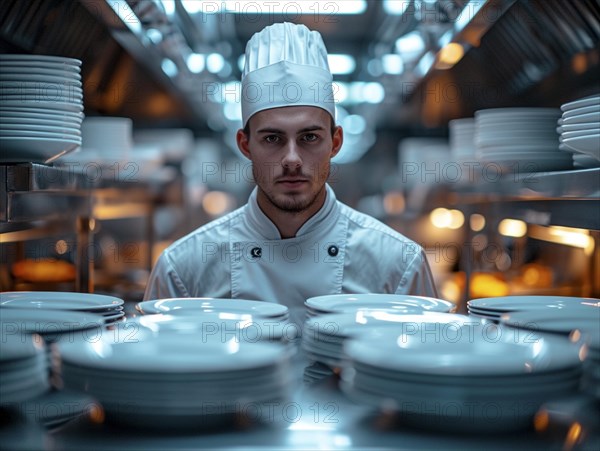 Chefs in a commercial kitchen at work, AI generated