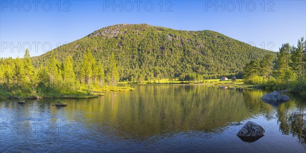 A small lake near Vinje, landscape format, inland water, shore, mountain, landscape shot, panorama shot, cloudless blue sky, summer, evening light, Vestfold og Telemark, Edland, Norway, Europe