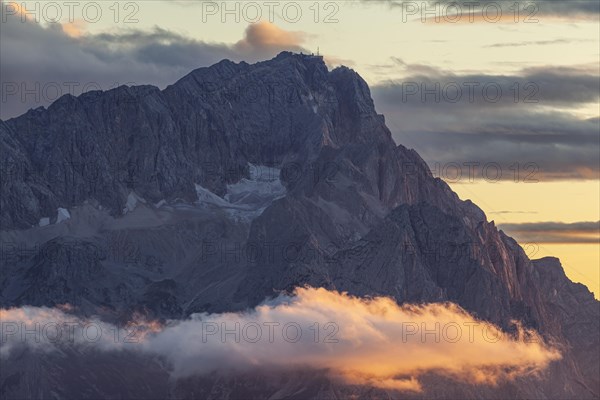 Mountain peak in the evening light, clouds, Zugspitze, Wetterstein range, Upper Bavaria, Bavaria, Germany, Europe