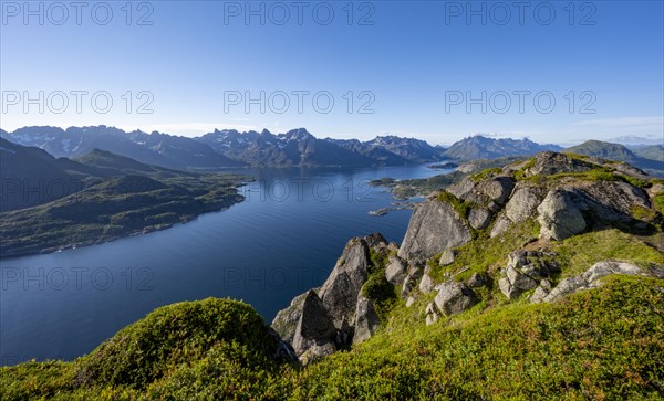 View of Fjord Raftsund and mountains, view from the top of Dronningsvarden or Stortinden, Vesteralen, Norway, Europe