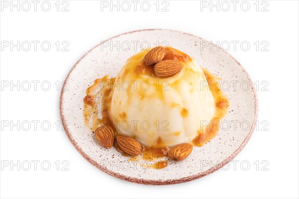 White milk jelly with caramel sauce isolated on white background. side view, close up