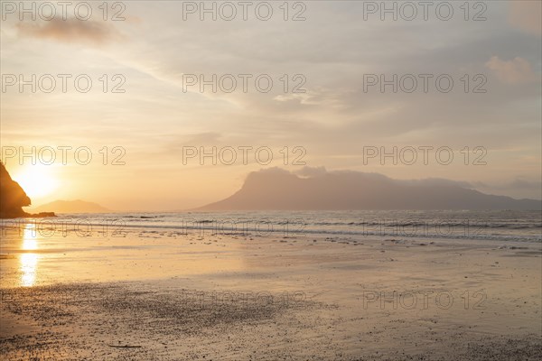 Bako national park, sea sandy beach, overcast, cloudy sunset, sky and sea, low tide. Vacation, travel, tropics concept, no people, Malaysia, Kuching, Asia