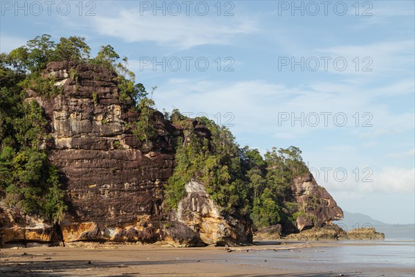 Cliff in Bako national park, sunny day, blue sky and sea. Vacation, travel, tropics concept, no people, Malaysia, Kuching, Asia