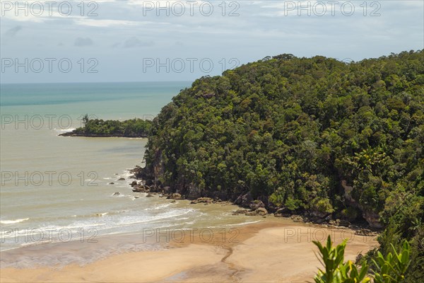 Bako national park, sea sandy beach, sunny day, blue sky and sea. Vacation, travel, tropics concept, no people, Malaysia, Kuching, Asia