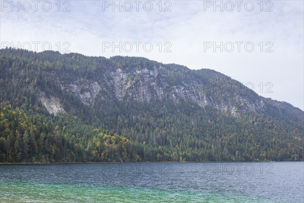 Eibsee lake with Ammergau Alps, Grainau, Werdenfelser Land, Upper Bavaria, Bavaria, Germany, Europe