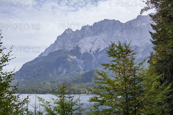 Zugspitze massif with Eibsee lake, Wetterstein mountains, Grainau, Werdenfelser Land, Upper Bavaria, Bavaria, Germany, Europe