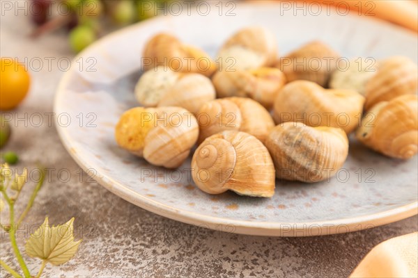 Grape (Burgundy) snails with butter and cheese on brown concrete background and orange textile. Side view, selective focus