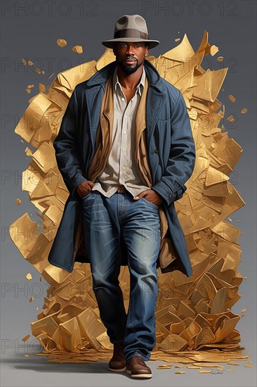 A 40s stylish african american man with a hat standing confidently in front of an exploding golden backdrop, wear casual, blue jeans, shirt and trench coat AI GENERATED, AI generated