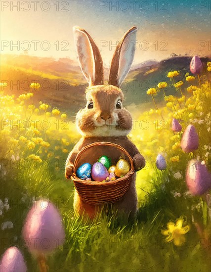 Cute rabbit holding a basket with colorful Easter eggs walking a footpath through the spring meadow with blooming flowers. Generative AI art, AI generated