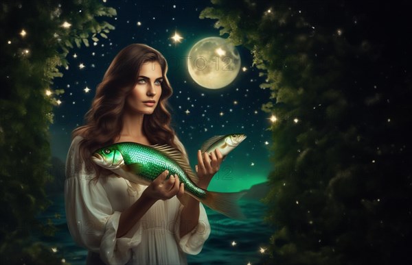 Young woman Pisces according to the zodiac sign with brown hair and blue eyes with a fish in her hands against the background of the starry sky. interpretation of the zodiac sign in human form.AI generated