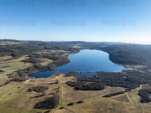 Aerial view of Lake Mindelsee, a glacier tongue lake on the Bodanrueck, district of Constance, Baden-Wuerttemberg, Germany, Europe