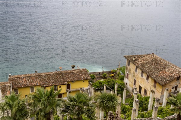 View over the Limonaia del Castel to Lake Garda, Limone sul Garda, Lombardy, Italy, Europe