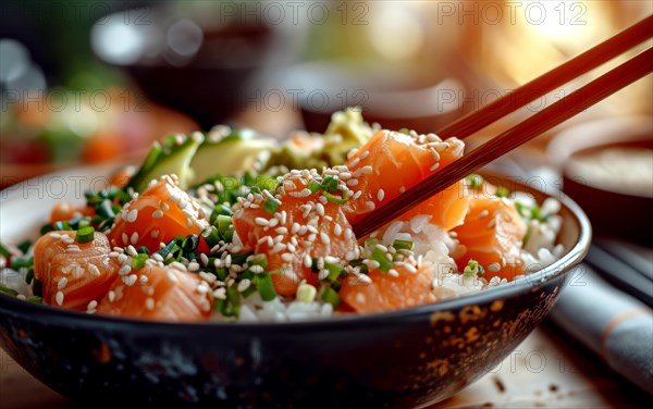 Fresh sliced salmon and avocado over rice, sprinkled with sesame seeds in a sushi bowl, AI generated