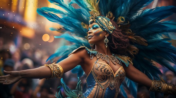 A dancer mascot adorned in a dazzling costume with feathers, immersed in the energetic atmosphere of the iconic Rio Carnival. The image captures the essence of celebration, color, and culture, AI generated