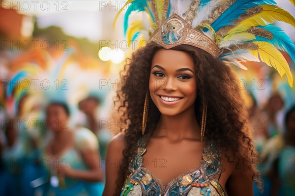 Captivating image capturing the essence of the Rio Carnival, showcasing a dancer adorned in an elaborate, vibrant costume, embodying the spirit and energy of this iconic festival, AI generated