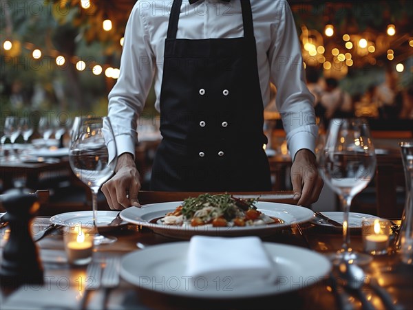 A dedicated waiter decorates the tables in a restaurant, AI generates, AI generated