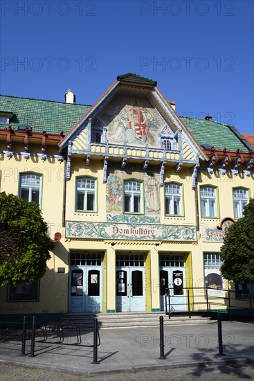 Art Nouveau building on a sunny day with blue sky and green roof, artistic facade, House of Culture, House of Culture, Skalica, Skalica, Trnavsky kraj, Slovakia, Europe