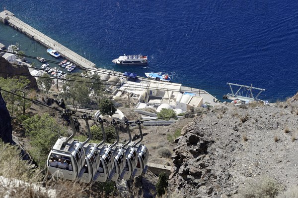 Fira, Santorini Island, Greece Panoramic view, with cable car cabins from the old harbour