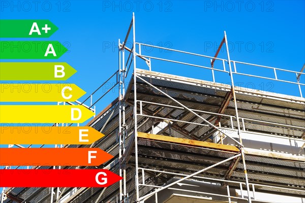 New development area of a residential neighbourhood, graphic with energy efficiency classes for buildings according to the GEG, Duesseldorf, Germany, energy efficiency, Europe