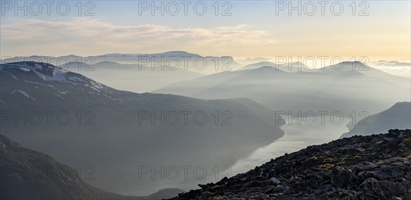Mountains and fjord Faleidfjorden, in the evening light, view from the top of Skala, Loen, Norway, Europe