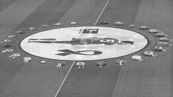 Banner with Franz Beckenbauer and wreaths of flowers, funeral service of FC Bayern Munich for Franz Beckenbauer, black and white photo, Allianz Arena, Froettmaning, Munich, Upper Bavaria, Bavaria