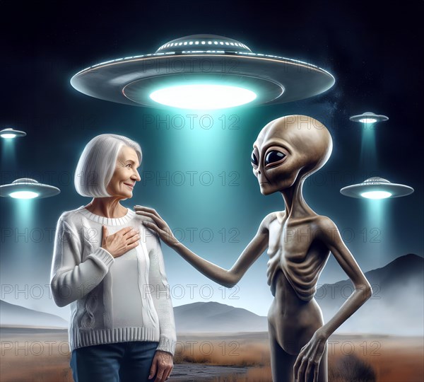 Science fiction, space travel, an alien alien greets a human woman, UFO landing in the back, flying saucers, AI generated, AI generated