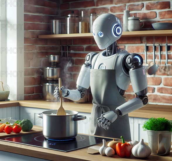 Science fiction, technology, a humanoid robot stands at the cooker with a kitchen apron and cooks, AI generated, AI generated