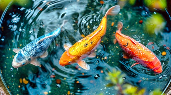 Three colourful koi carp in the colours blue, orange and red swim in a small pool with clear water, AI generated, AI generated