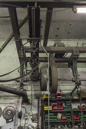 Workshop with transmission drives of a metal powder mill, founded around 1900, Igensdorf, Upper Franconia, Bavaria, Germany, metal, factory, Europe