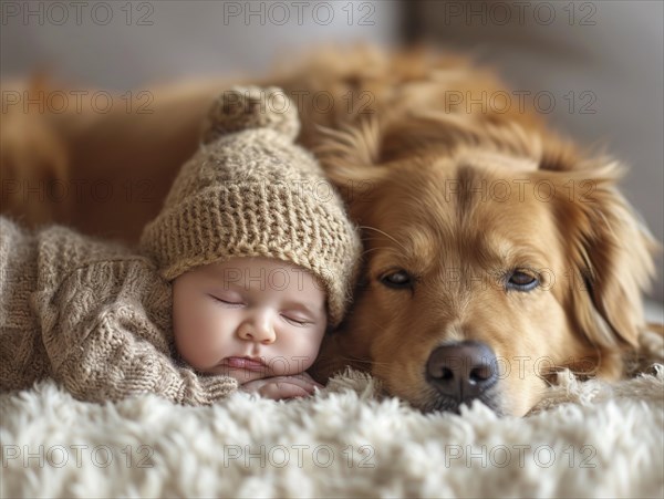 A newborn baby nestled in warm blankets, small dog next to it, ai generated, AI generated