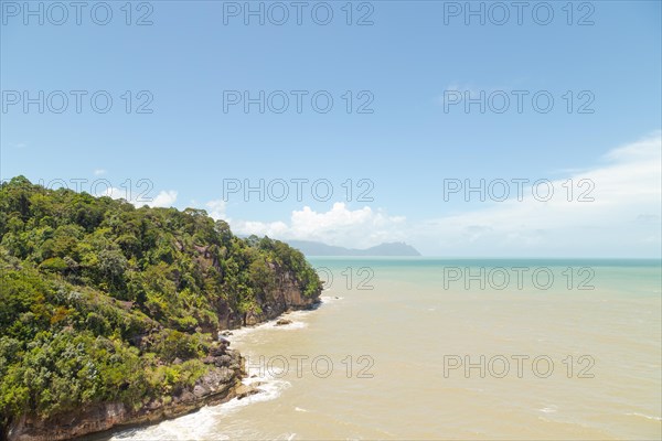 Bako national park, sea sandy beach, sunny day, blue sky and sea. Vacation, travel, tropics concept, no people, Malaysia, Kuching, Asia