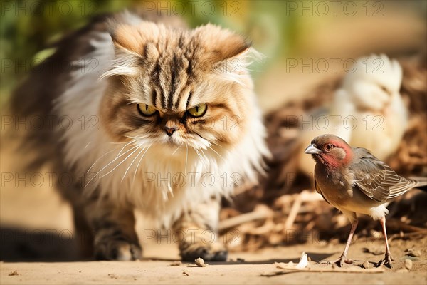 Domesticated house cat hunting a bird. KI generiert, AI generated