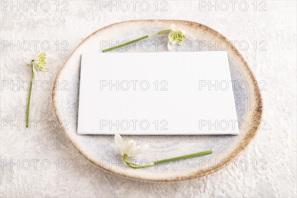 White paper invitation card, mockup with galanthus snowdrop flowers on ceramic plate and gray concrete background. Blank, side view, still life, copy space, wedding invitation