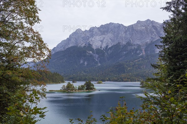 Zugspitze massif with Eibsee lake, Wetterstein mountains, Grainau, Werdenfelser Land, Upper Bavaria, Bavaria, Germany, Europe