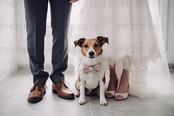 Small terrier dog with elegant bowtie between legs of marriage couple. KI generiert, generiert AI generated