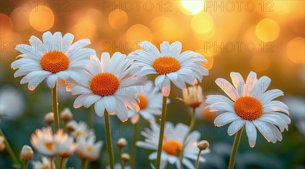Evening light casts a serene glow on white Angelita daisies with a soft bokeh background, AI generated